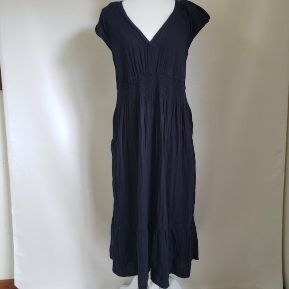 Old Navy Babydoll Long Dress L Solid Black Midi Plunge Neckline Pockets Pullover - Picture 5 of 6
